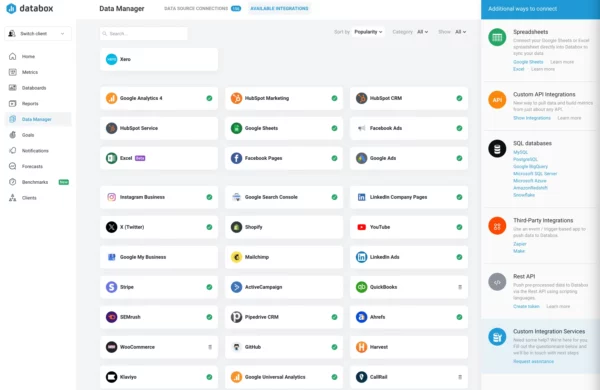 Screenshot of available integrations in Databox