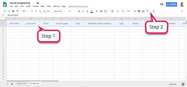 Social prespecting excel spreadsheet steps 1 and 2