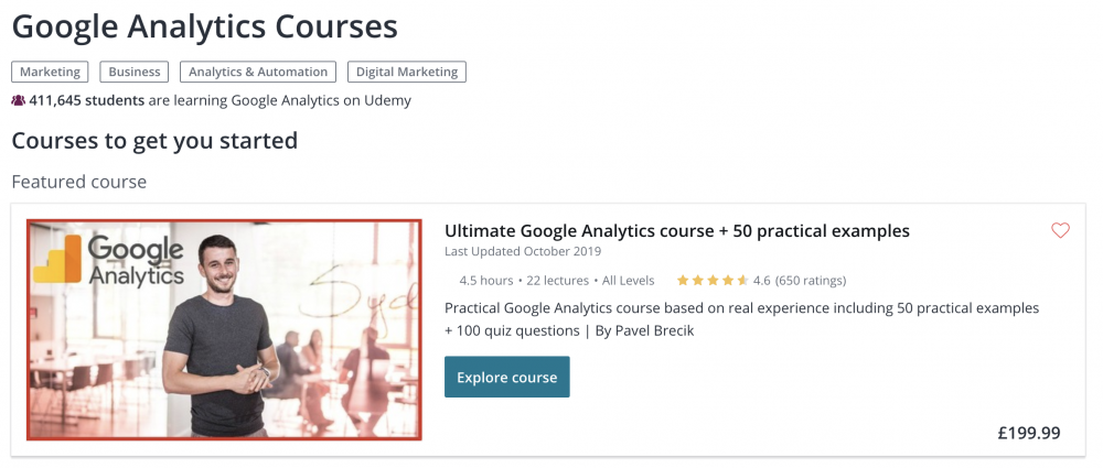 Google Analytics courses on Udemy