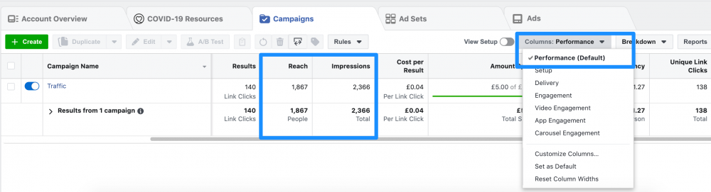 how to see reach and impressions in facebook ads