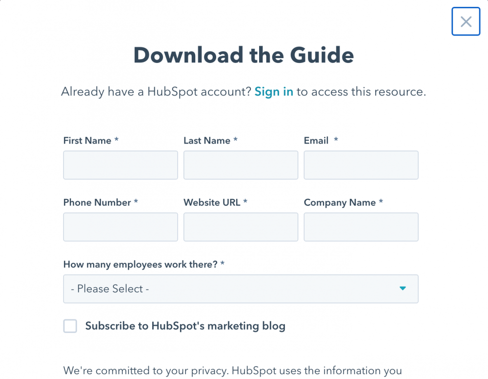 HubSpot's form submission CTA