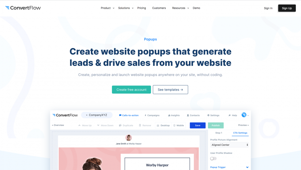ConvertFlow’s popup maker product page 