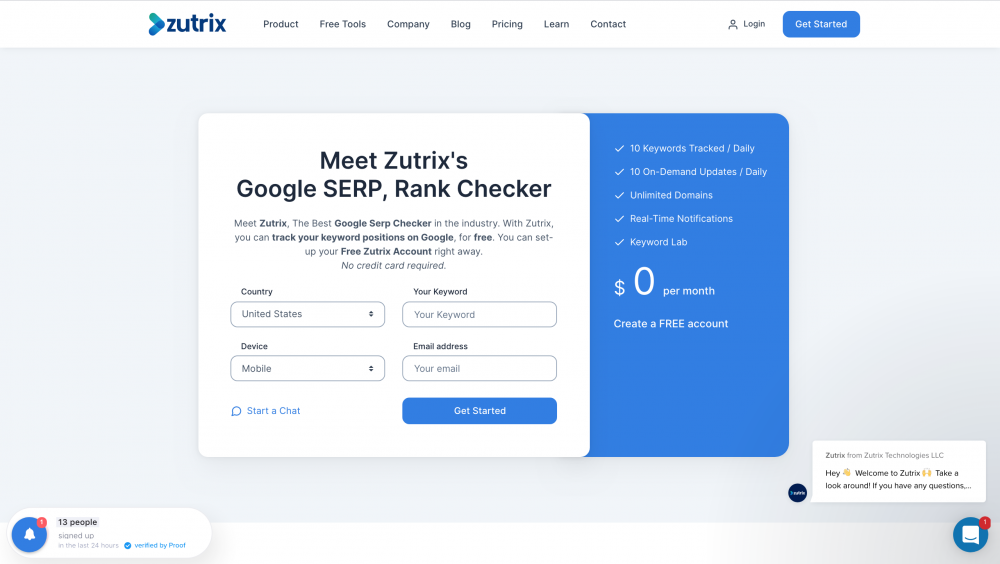 Zutrix’s Google SERP, Rank Checker page