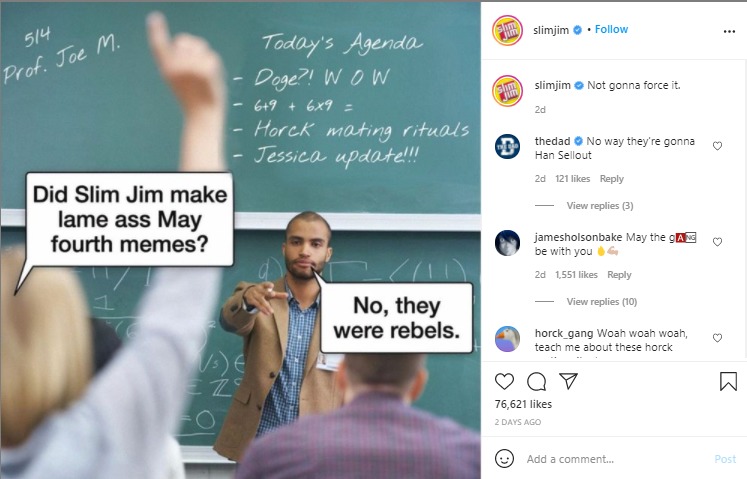 slimjim engaging on instagram with memes