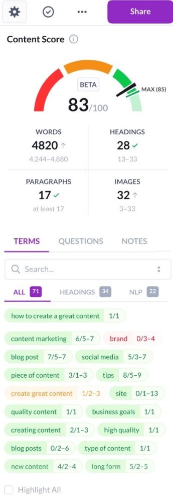 surferseo content score example