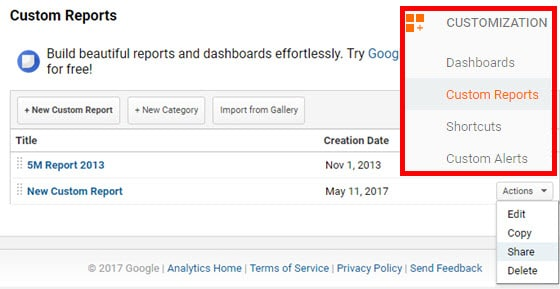 How to Share a Custom Google Analytics Report - step 1