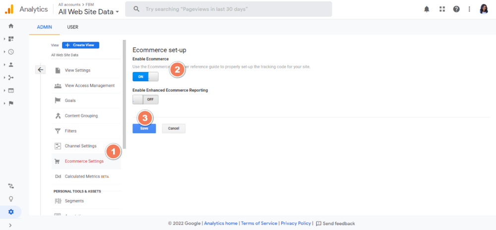 screenshot showing how to turn on google analytics ecommerce tracking