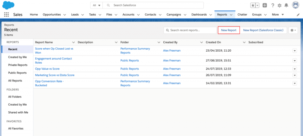 Creating a new report in Salesforce