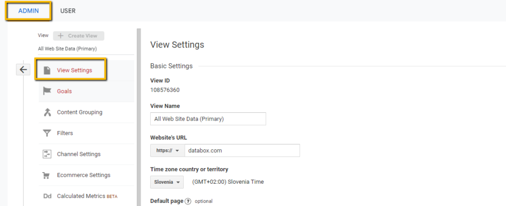 Accessing view setting in the GA admin panel