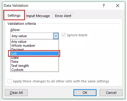 Setting tab in data validation feature