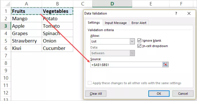 Select the range containing the items in the Source Field