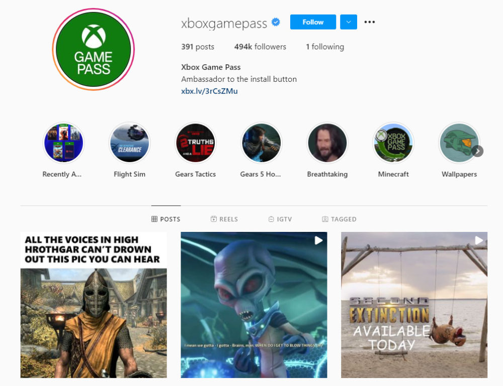 Xbox Game Pass Instagram profile