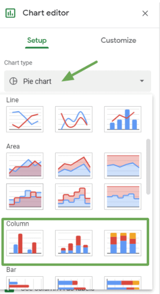 click on the chart type drop-down and then select a column