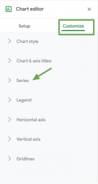 still on the chart editor pane, navigate to customize and click on series