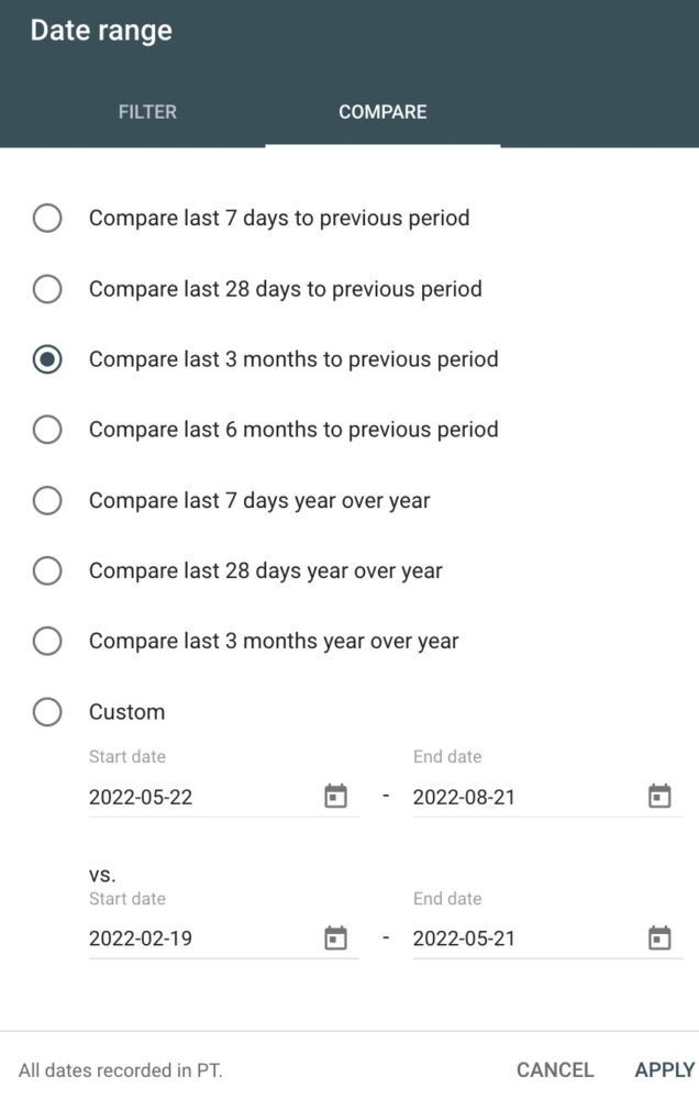 Compare seu desempenho de pesquisa