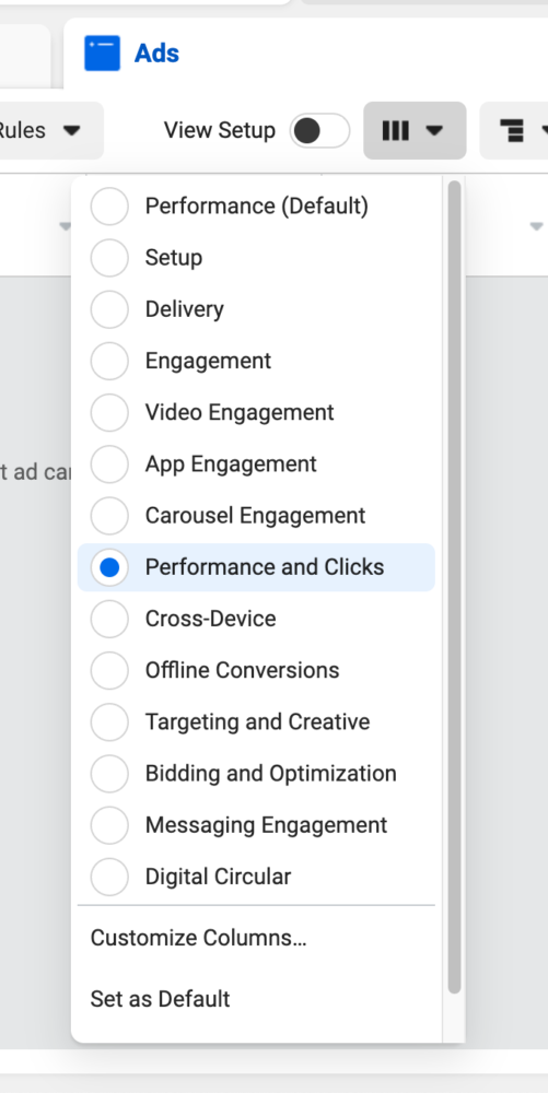 Performance and Clicks option under the Columns tab