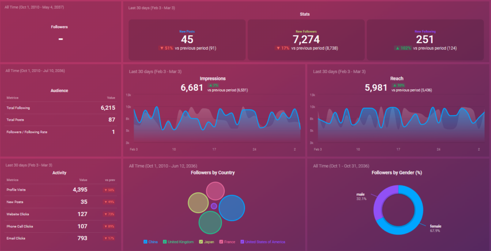 Instagram Business Profile Overview Dashboard.