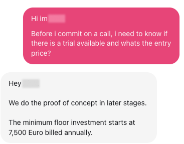 Whatagraph conversation between a user and their support about their pricing
