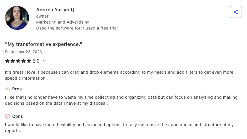 This Whatagraph review shows a user being very satisfied with the Whatagraph drag and drop report building feature.