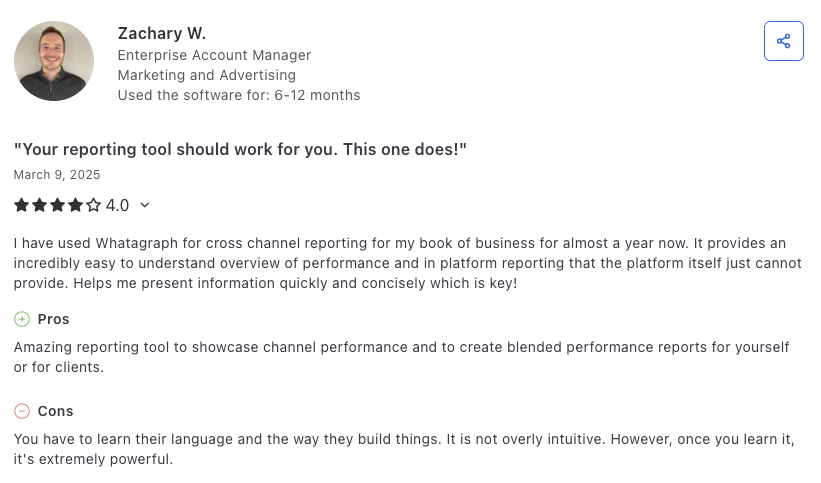 This Captera Whatagraph review shows user complimenting their reporting features but its bothered by its learning curve