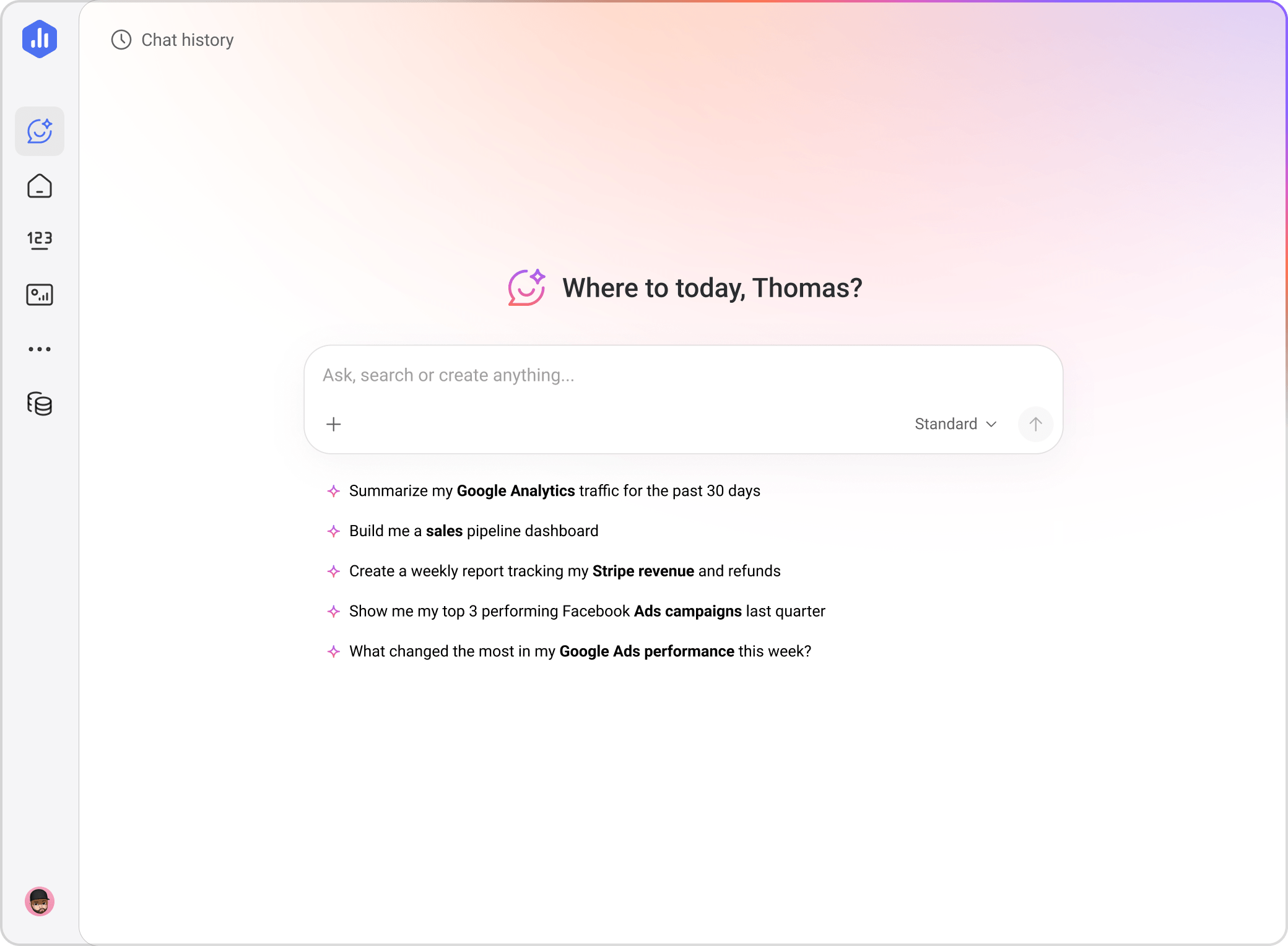 Databox Genie AI chat interface with suggested analytics prompts for Google Analytics, sales pipeline, and ad campaign insights