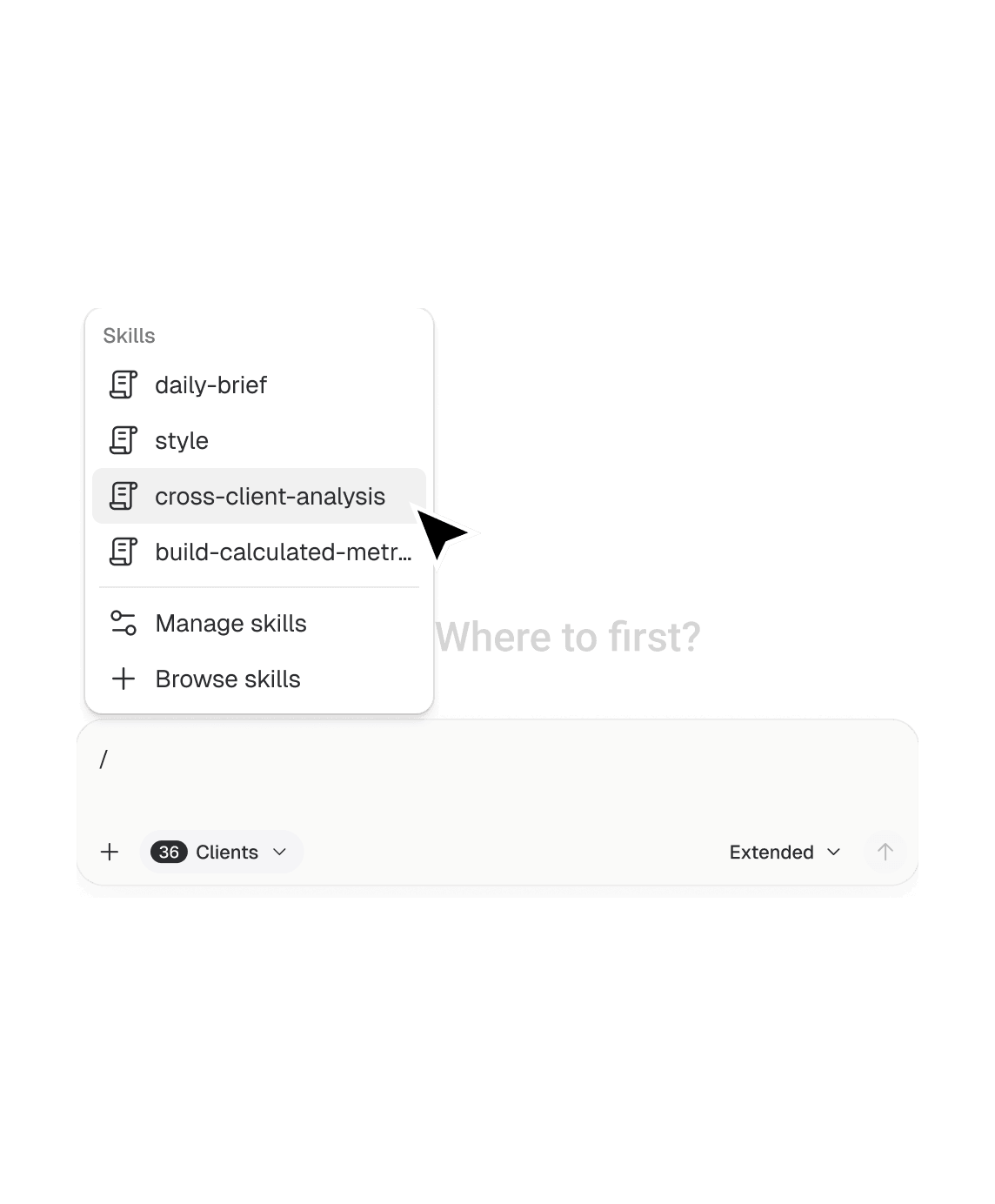 Choosing a saved Skill such as cross-client-analysis from the Databox chat menu