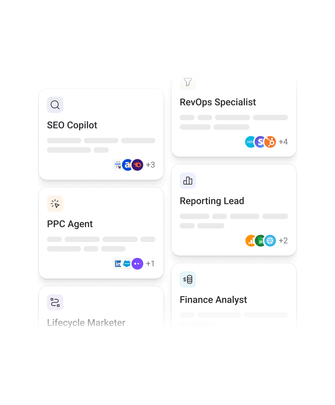 Databox agents including SEO Copilot, PPC Agent, RevOps Specialist and Finance Analyst, each with its connected tools