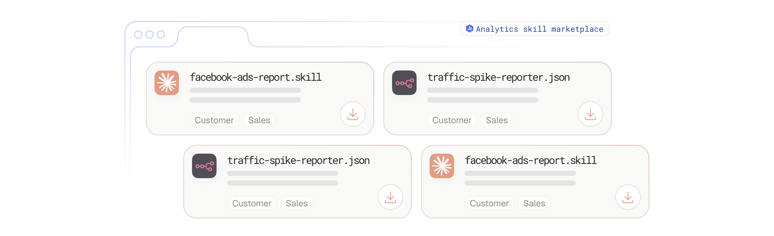 The analytics skill marketplace with downloadable prebuilt skills for customer and sales reporting