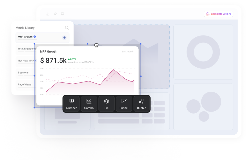 Dashboard builder with the metric library open and a chart type being chosen for a dragged MRR growth tile