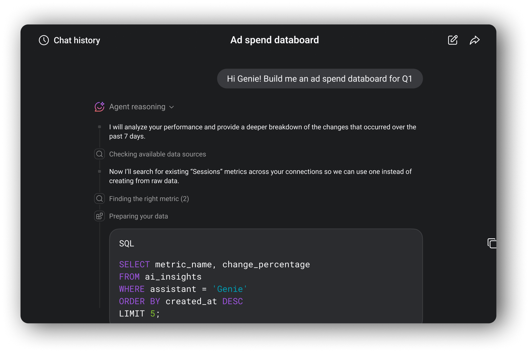 The Databox AI Analyst reasoning through a request and building an ad spend databoard