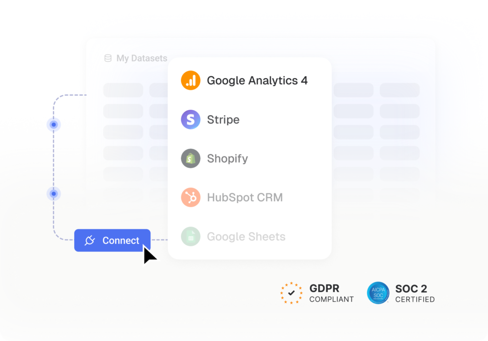 Connecting Google Analytics 4, Stripe, Shopify and HubSpot CRM as datasets
