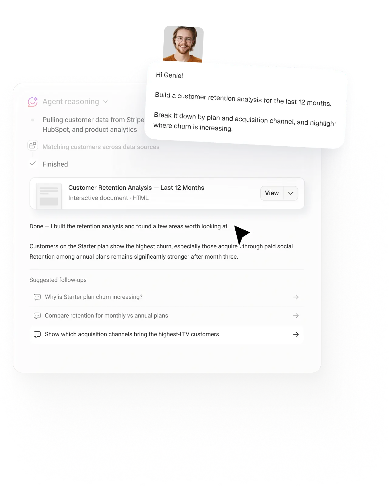A chat prompt asking for a 12-month customer retention analysis and the interactive document Databox built from it