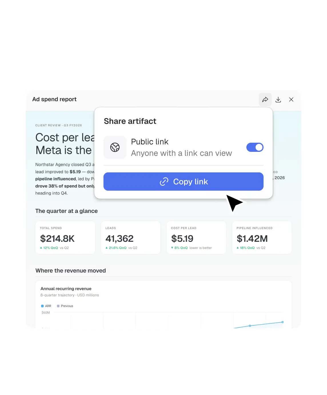 Sharing an ad spend report as a public link from Databox