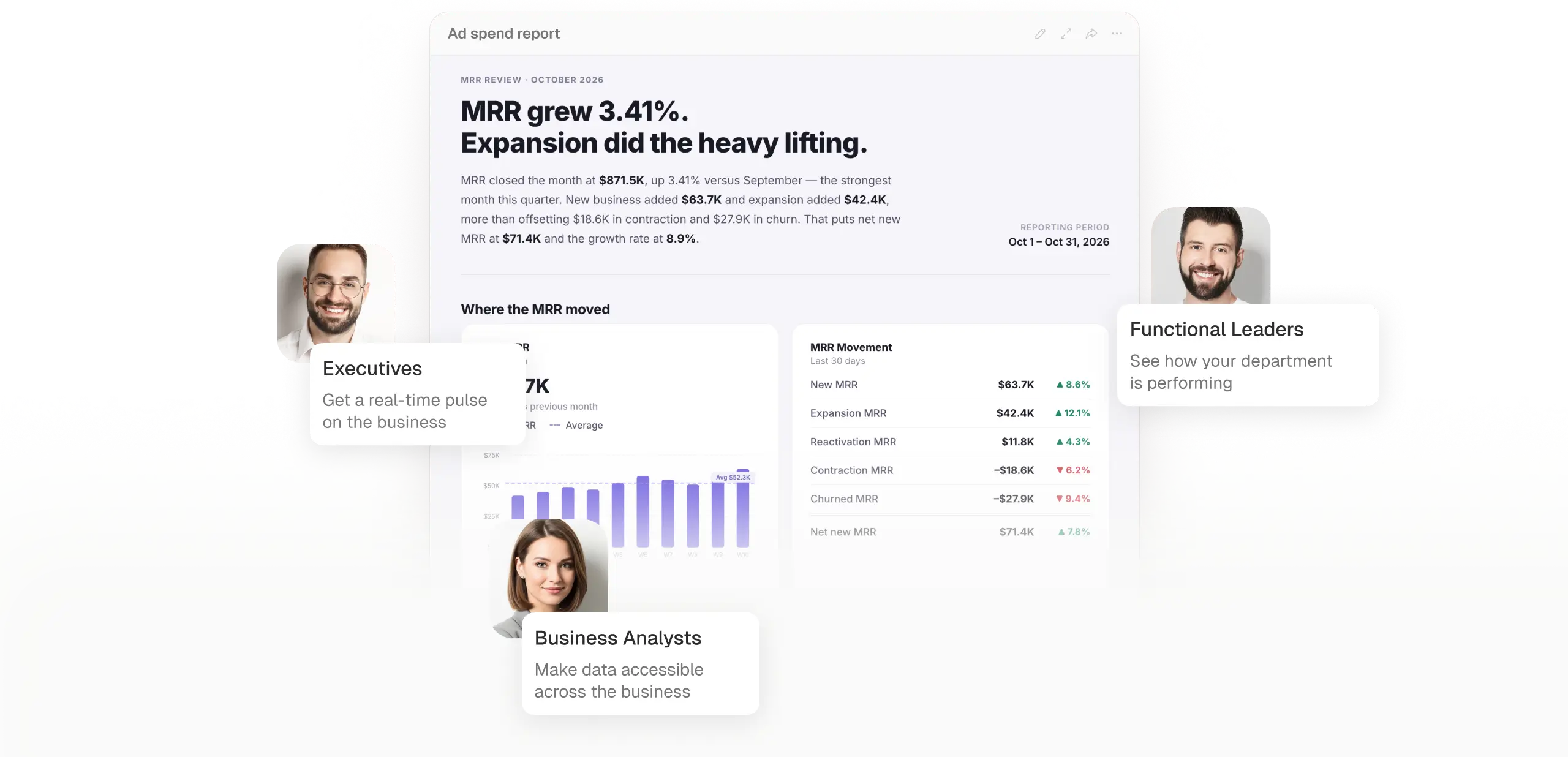 One prompt producing a dashboard, a report and a shareable document in Databox