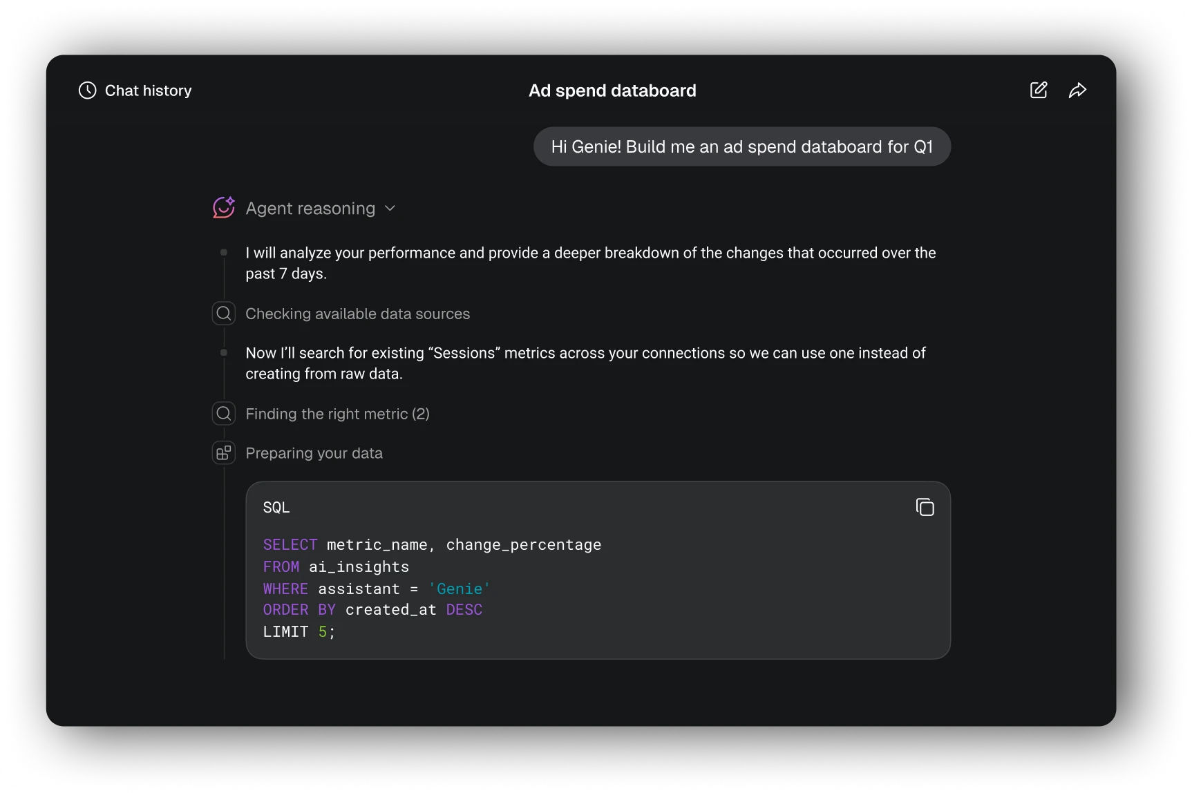 Databox AI Analyst reasoning through an ad spend databoard request, searching existing metrics and drafting the SQL