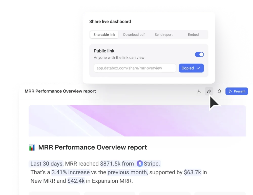 Share live dashboard dialog with a copied public link above an MRR report