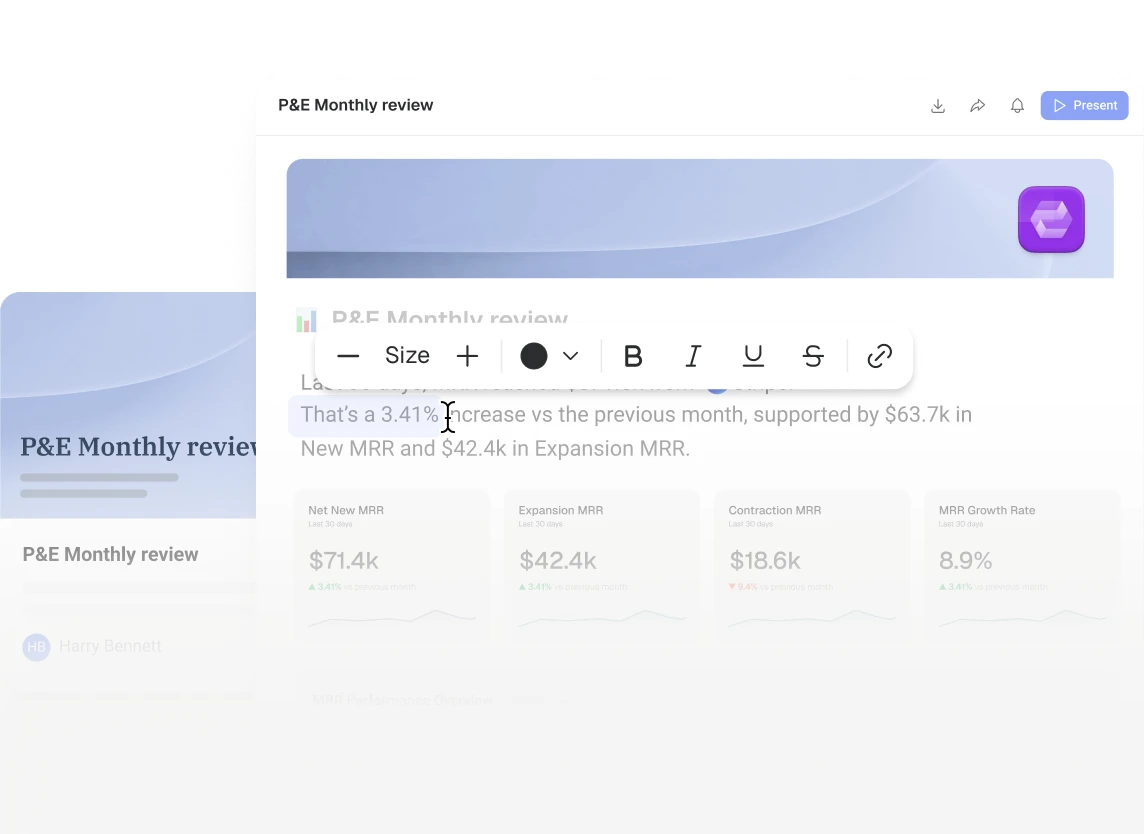 Report with a branded cover and a text formatting toolbar