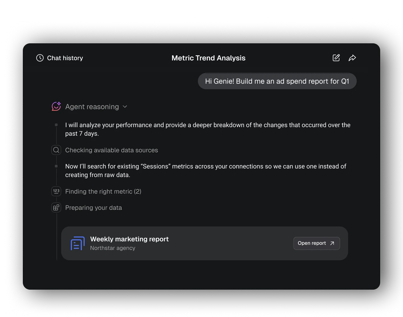 AI Analyst chat turning a request for a Q1 ad spend report into a weekly marketing report