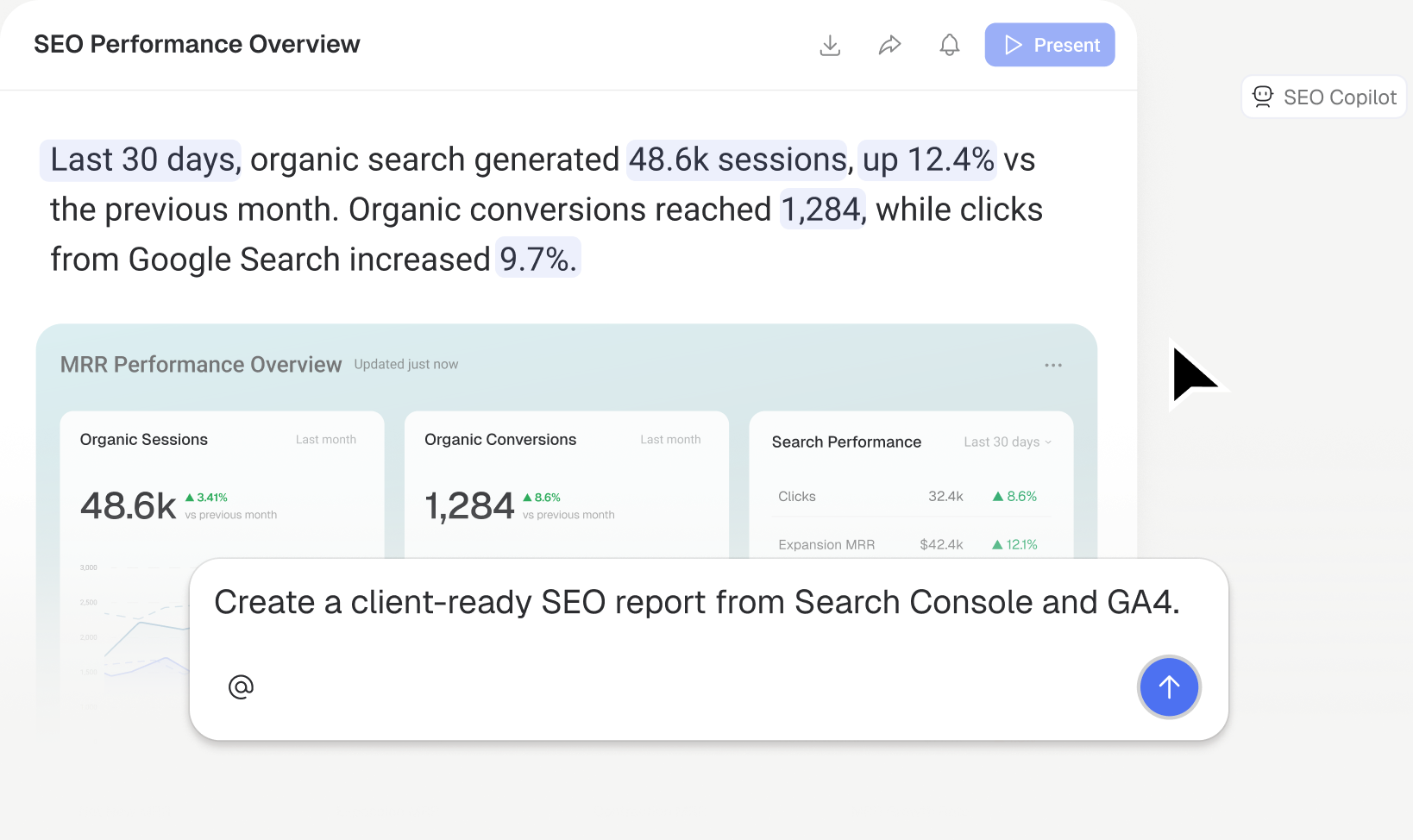 AI Analyst building an SEO Performance Overview report from the prompt 'Create a client-ready SEO report from Search Console and GA4'