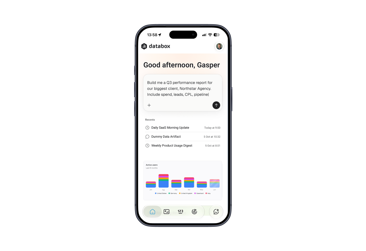 Databox mobile app on an iPhone showing Genie and a column chart