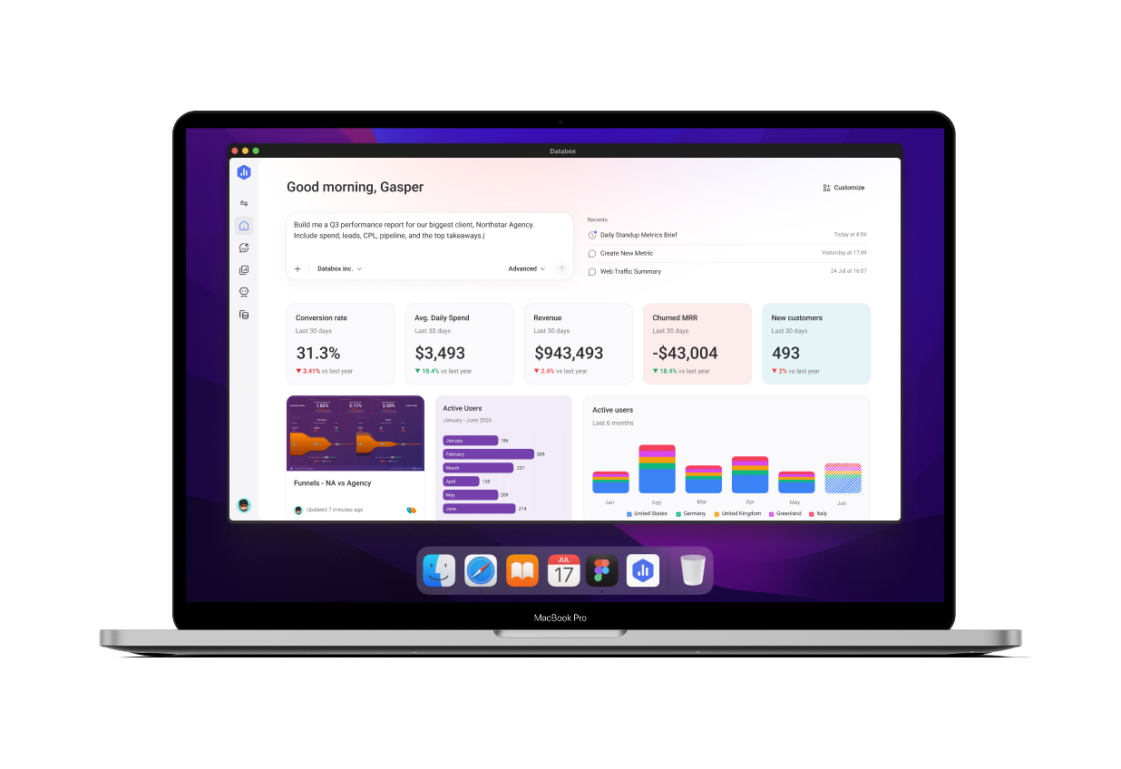 Databox desktop app on a MacBook showing the home screen with KPIs and charts